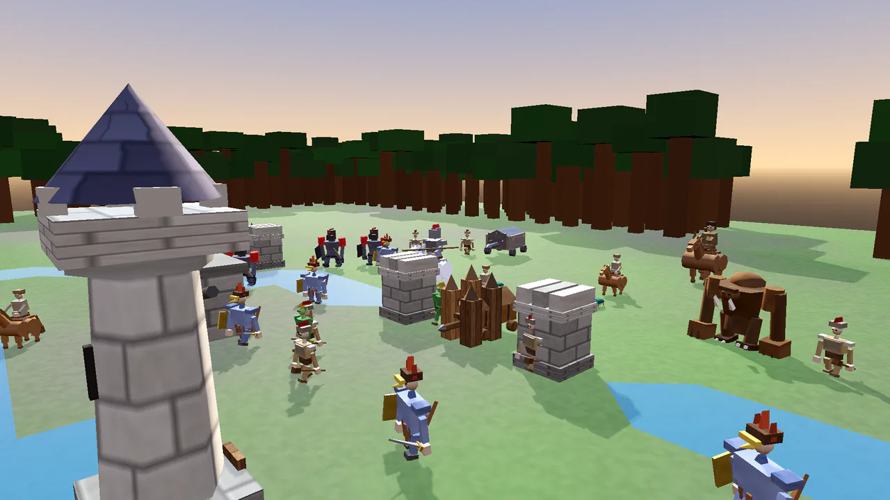 Close view from an arrow tower as the Warlord's raiders, cavalry, war beasts and battering rams close on the stone wall line at the moat's edge