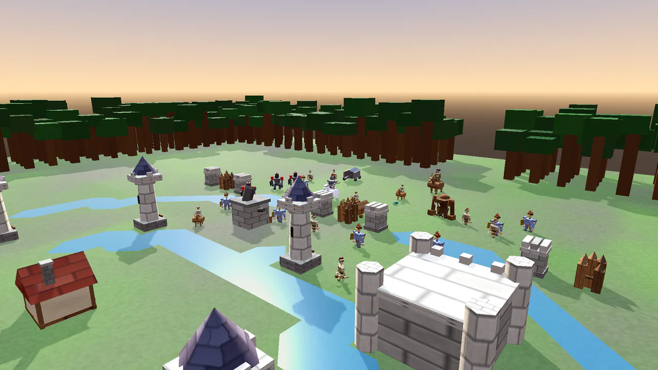 A fortified medieval village with arrow and bombard towers and a stone wall line as a horde of raiders, battering rams and beasts advances across the green