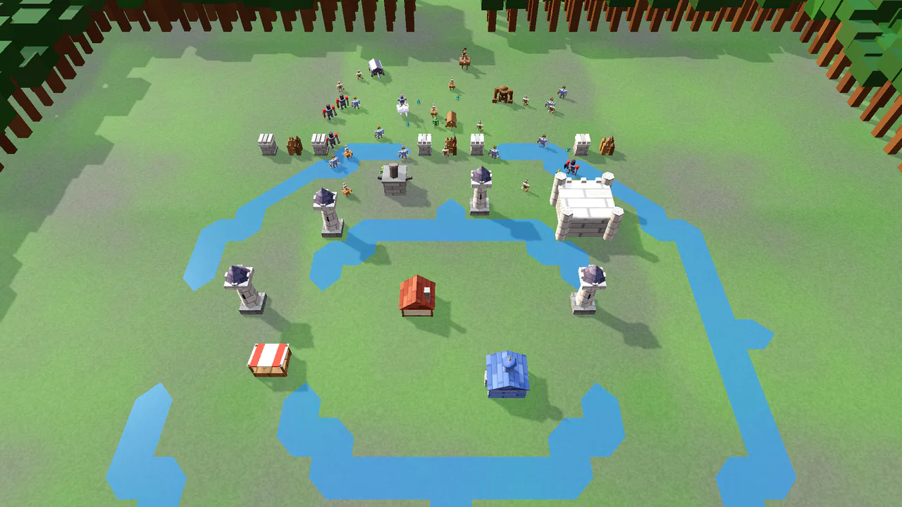 The fortified village from above: town keep, red-roofed market, university, arrow towers and walls ringed by a moat, with the horde massing at the treeline
